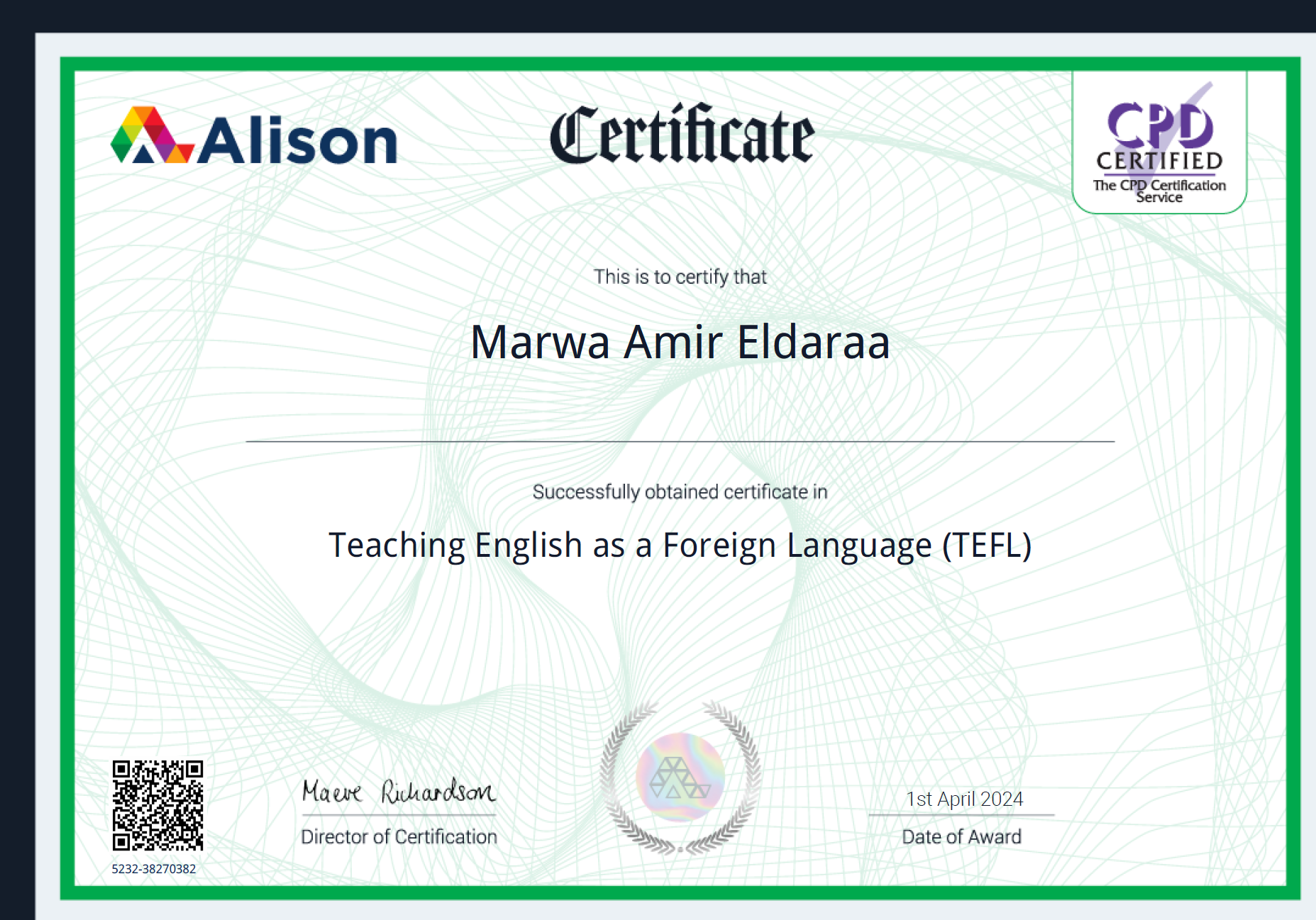 Certification for Marwa Amir