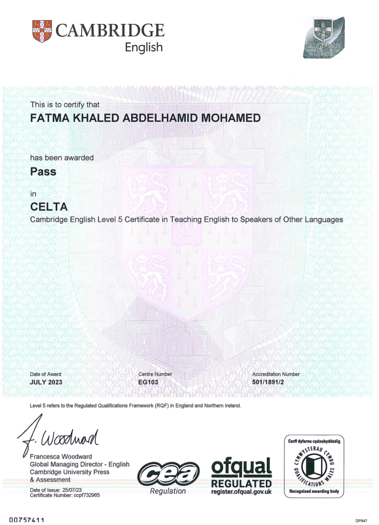 Certification for Fatma Mohamed